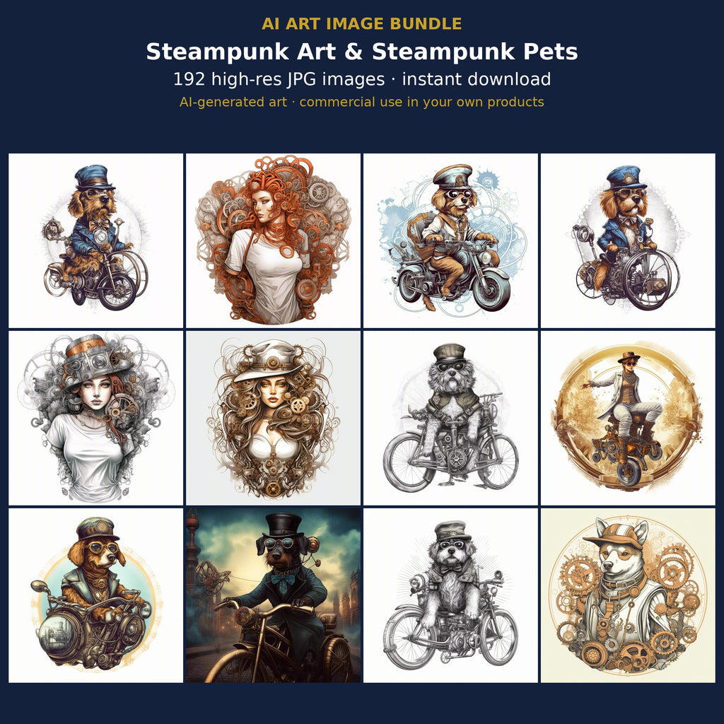 Steampunk Art & Steampunk Pets: cover showing sample AI-generated images