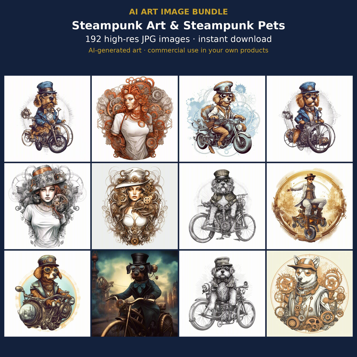 Steampunk Art & Steampunk Pets: cover showing sample AI-generated images