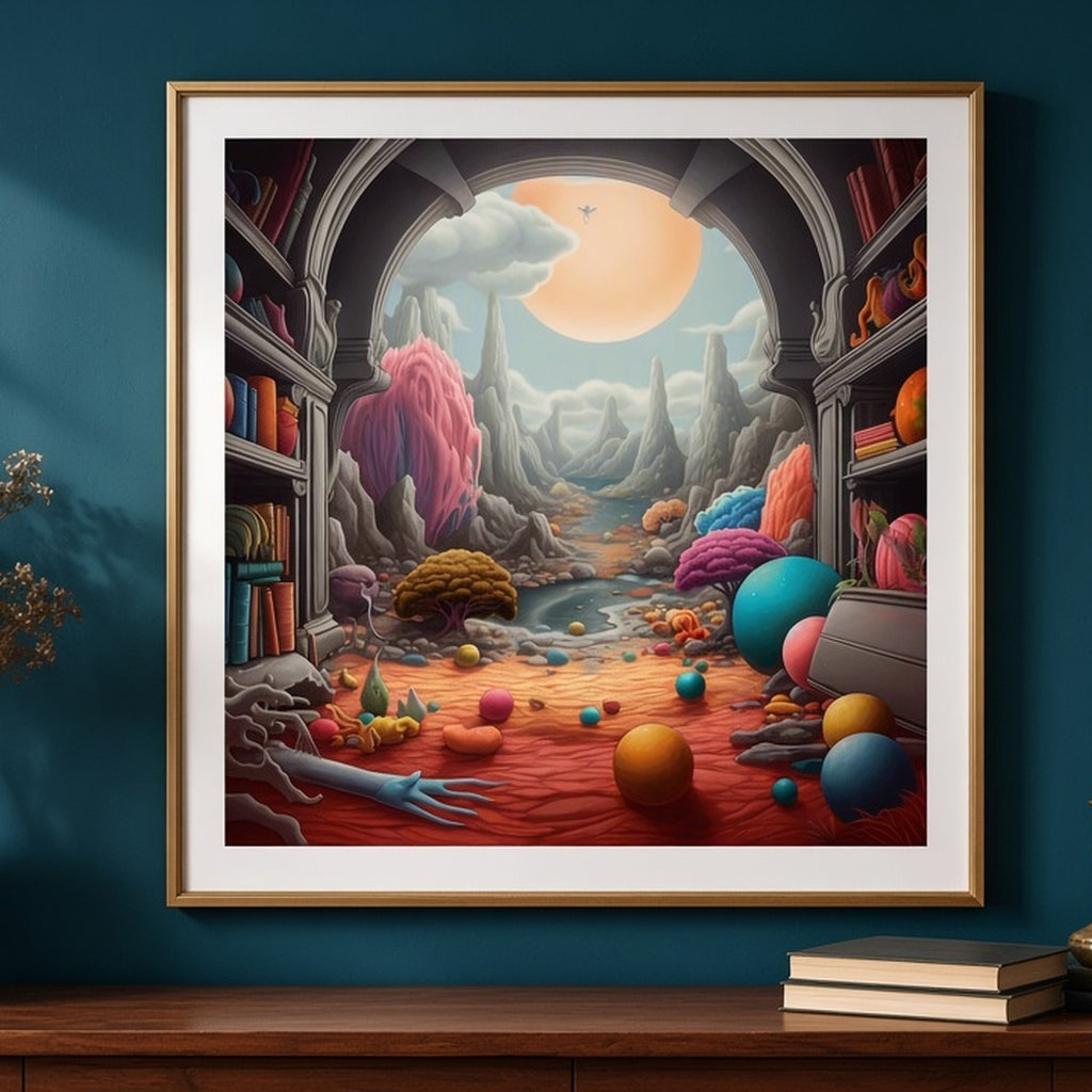 Surreal dreamscape through a library arch from the bundle shown as a flat framed print, image 0279