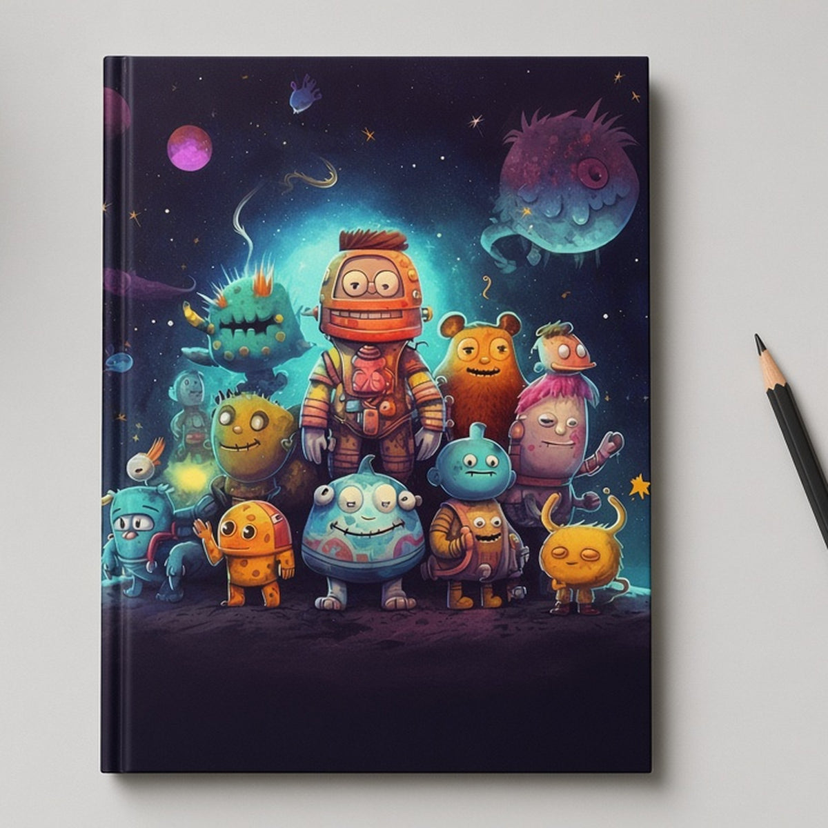 Cartoon space monsters from the bundle printed flat on a hardback notebook, image 0022