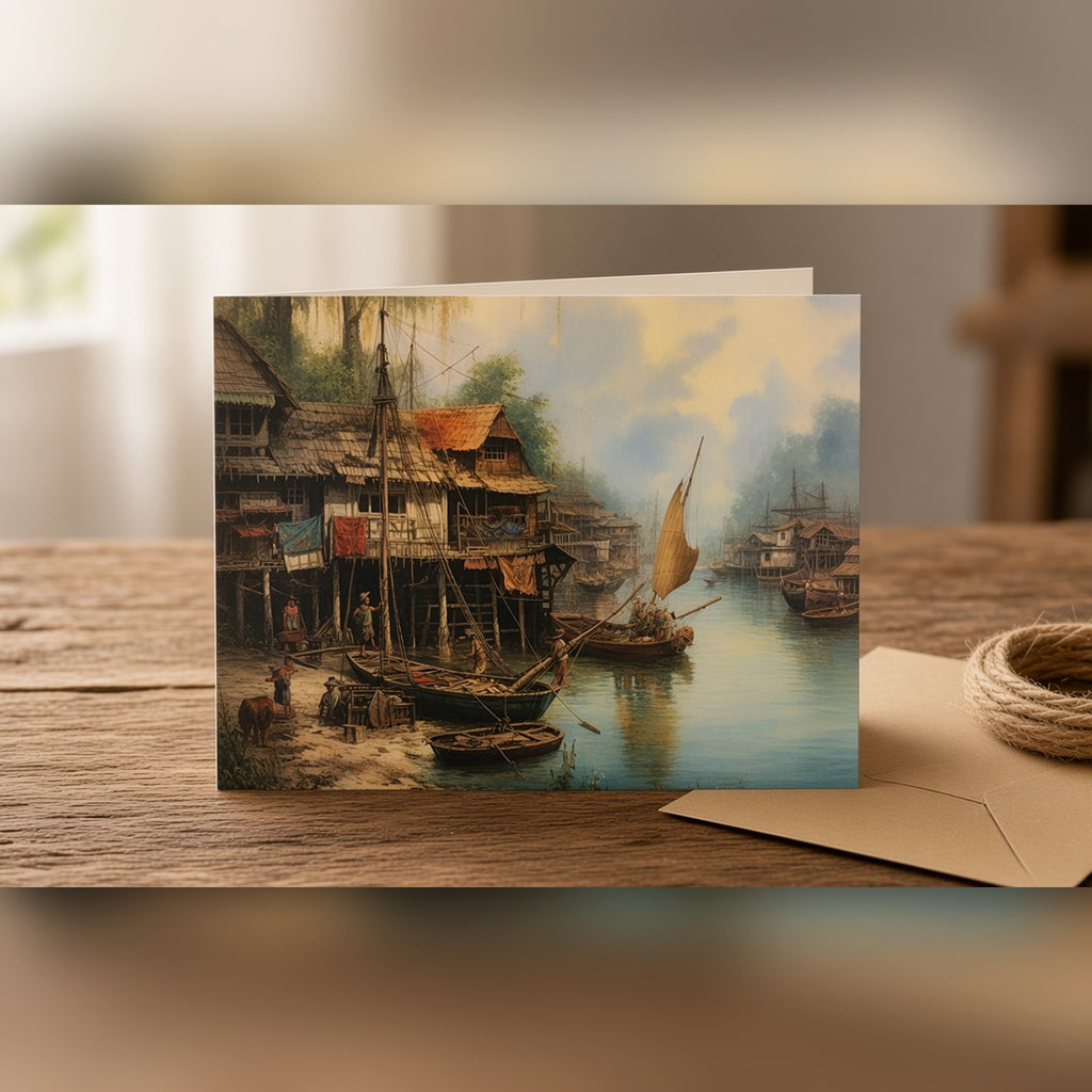Painted riverside fishing village from the bundle printed flat on a greeting card, image 0227