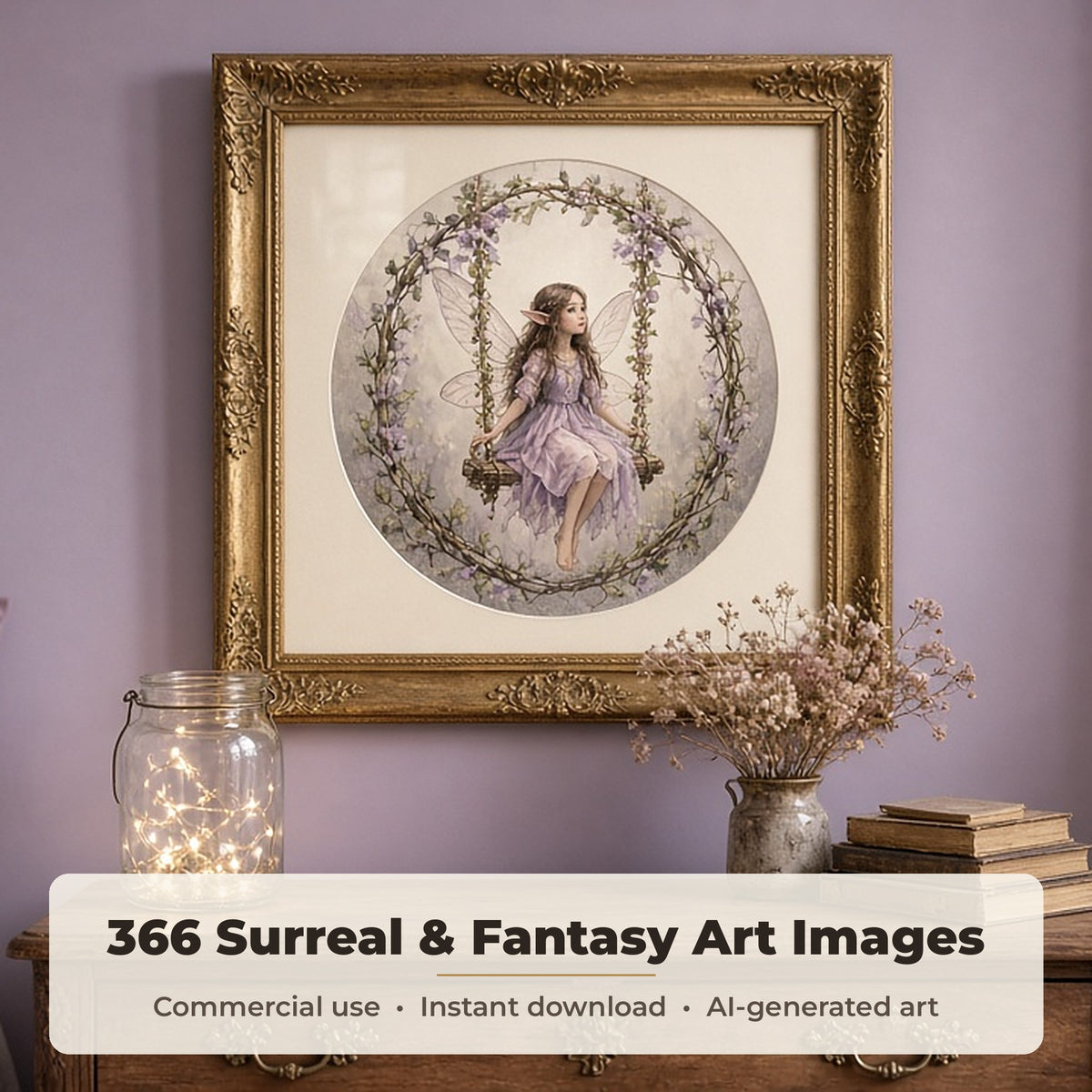 Surreal & Fantasy Art Collection: Ornate gold framed print of a fairy on a swing in a floral wreath on a lilac bedroom wall above a vintage dresser with fairy lights, made with an image from this bundle