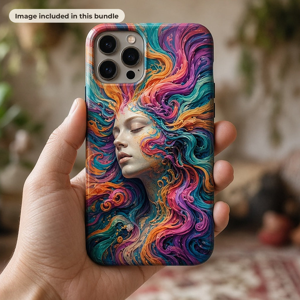 Surreal & Fantasy Art Collection: Hand holding a phone case printed with a surreal portrait of a woman with swirling rainbow hair in a boho room (image from this bundle)
