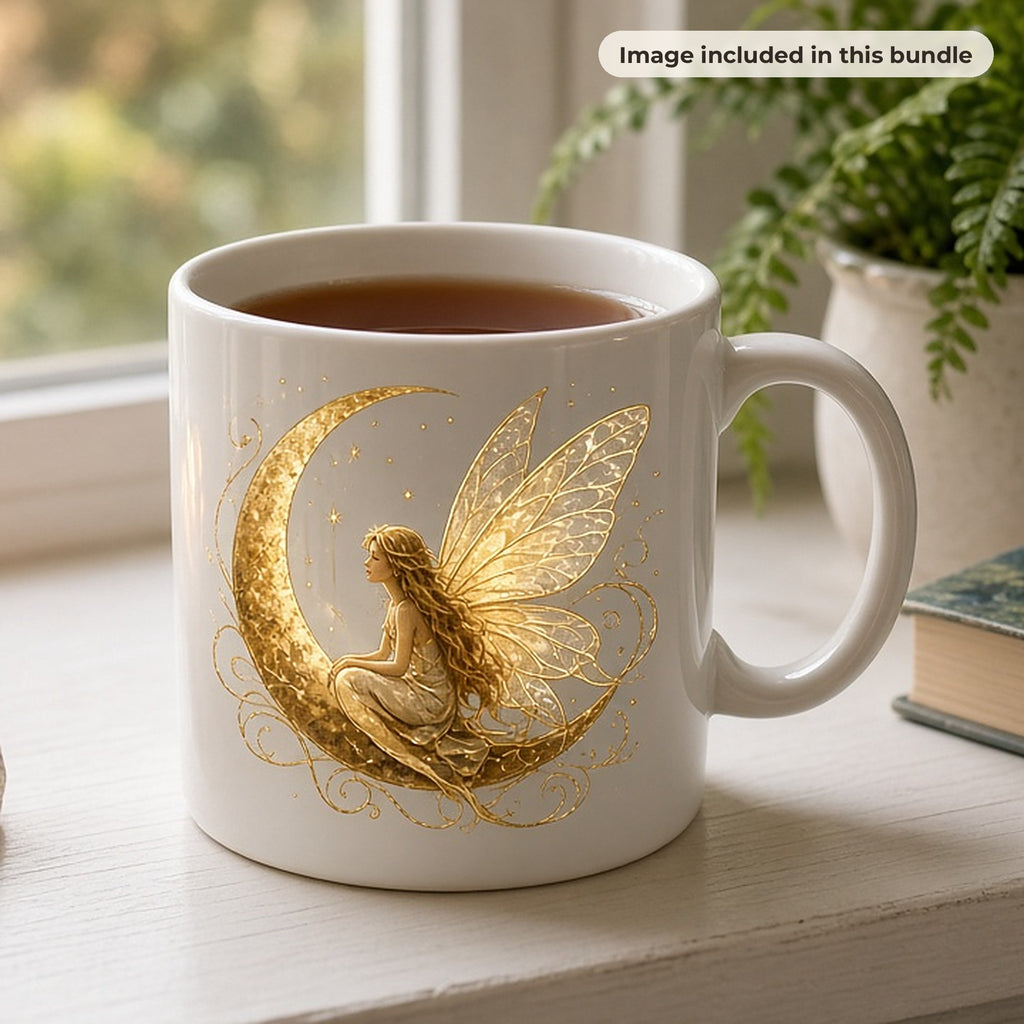 Surreal & Fantasy Art Collection: White mug printed with a golden fairy sitting on a crescent moon on a windowsill with a candle, crystals and a fern (image from this bundle)