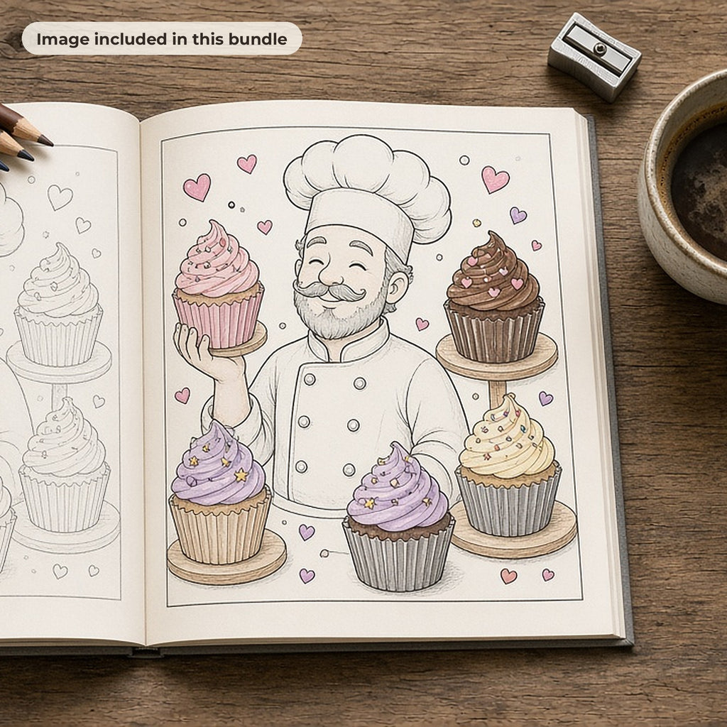 Surreal & Fantasy Art Collection: Open colouring book with line art of a chef holding cupcakes, partly coloured, with coloured pencils and coffee (image from this bundle)
