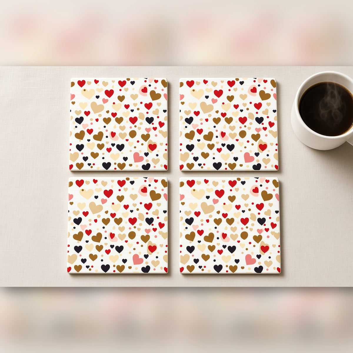 Scattered hearts pattern from the bundle printed flat on a set of four coasters, image 0011