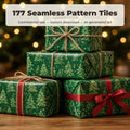 Seamless Tile Patterns: Stack of Christmas gifts wrapped in green Christmas tree pattern paper with twine and red ribbon under a lit tree, made with an image from this bundle