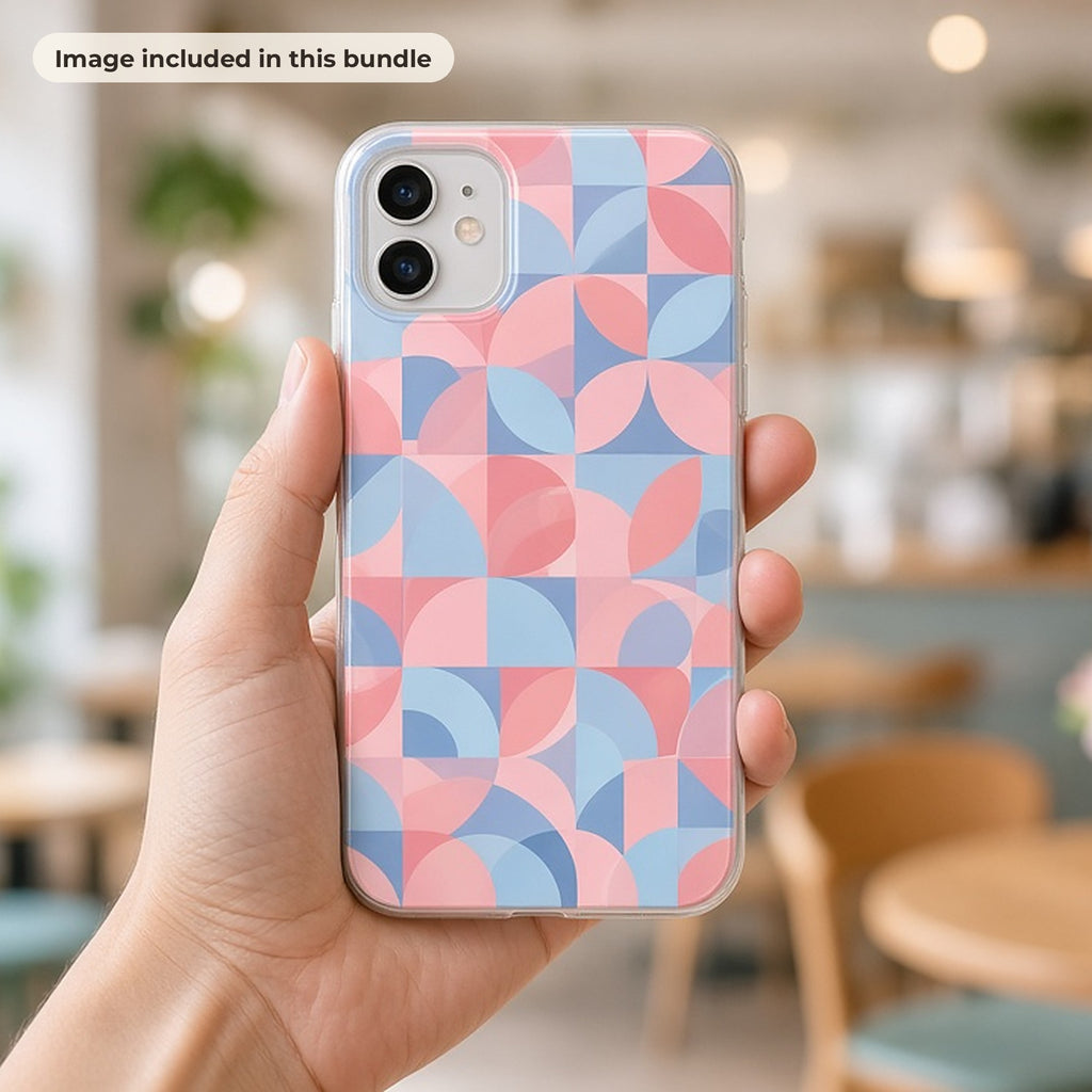 Seamless Tile Patterns: Hand holding a phone case printed with a pink and blue geometric circle pattern in a bright cafe (image from this bundle)
