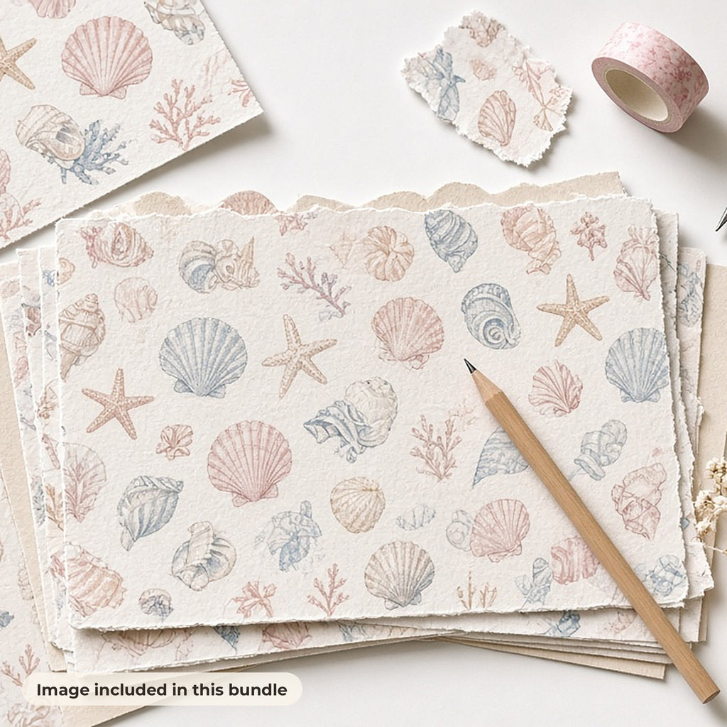 Seamless Tile Patterns: Scrapbook and junk journal papers printed with a pastel seashell and starfish pattern with washi tape, pencil and dried flowers (image from this bundle)