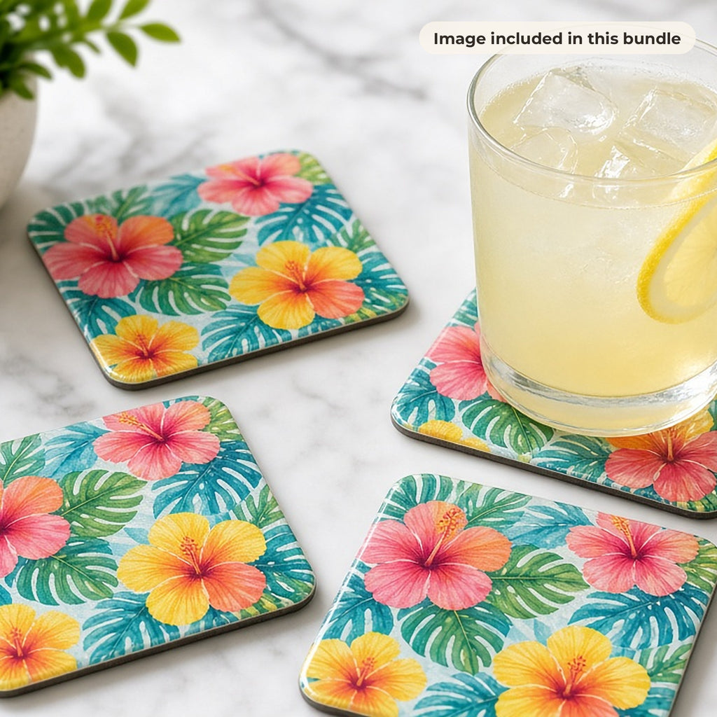 Seamless Tile Patterns: Set of glossy square coasters printed with a bright tropical flower pattern on a marble table with iced lemonade (image from this bundle)