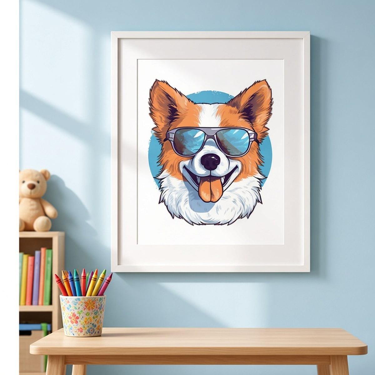 Cartoon dog face in sunglasses from the bundle shown as a flat framed print, image 0264