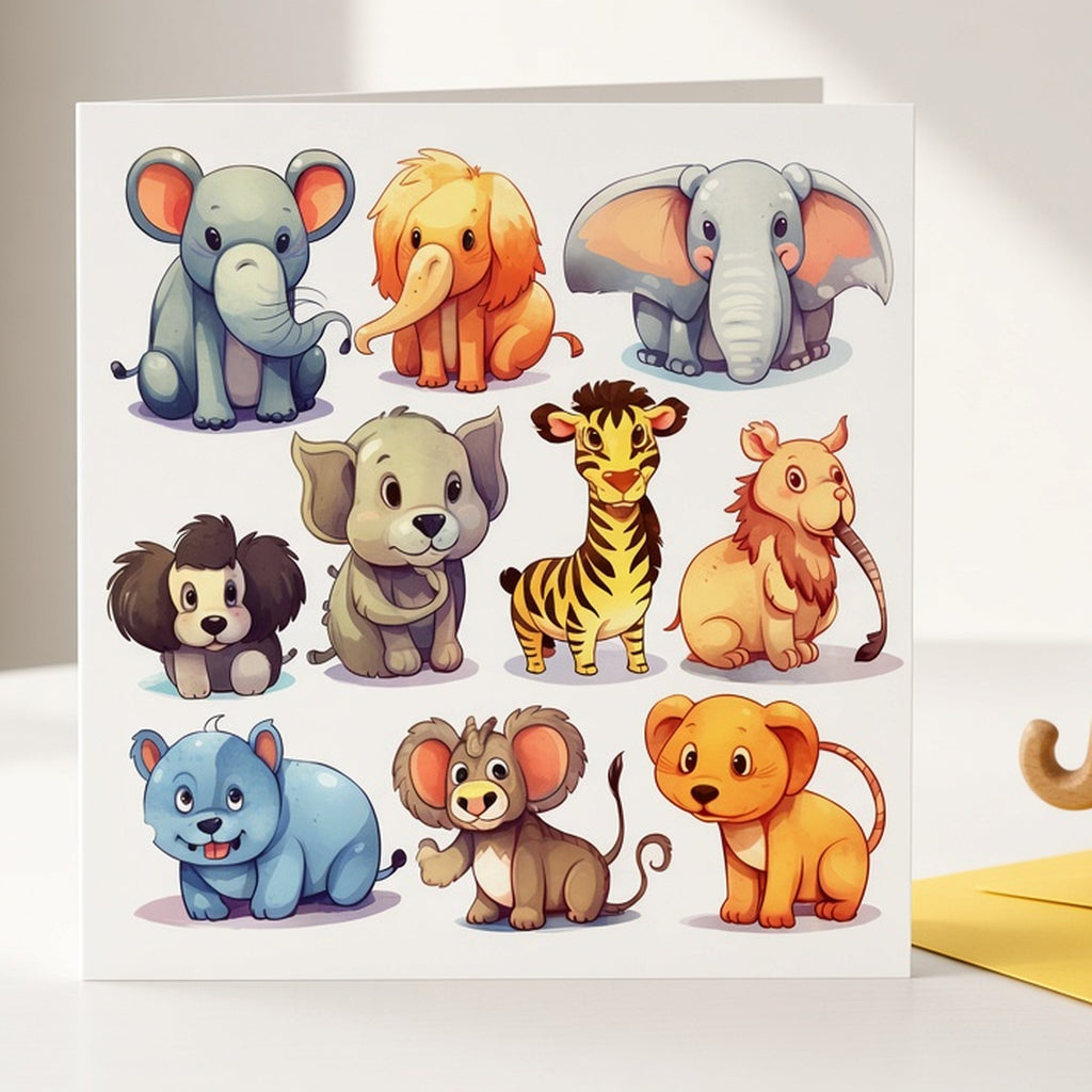 Cute cartoon baby animals from the bundle printed flat on a greeting card, image 0373
