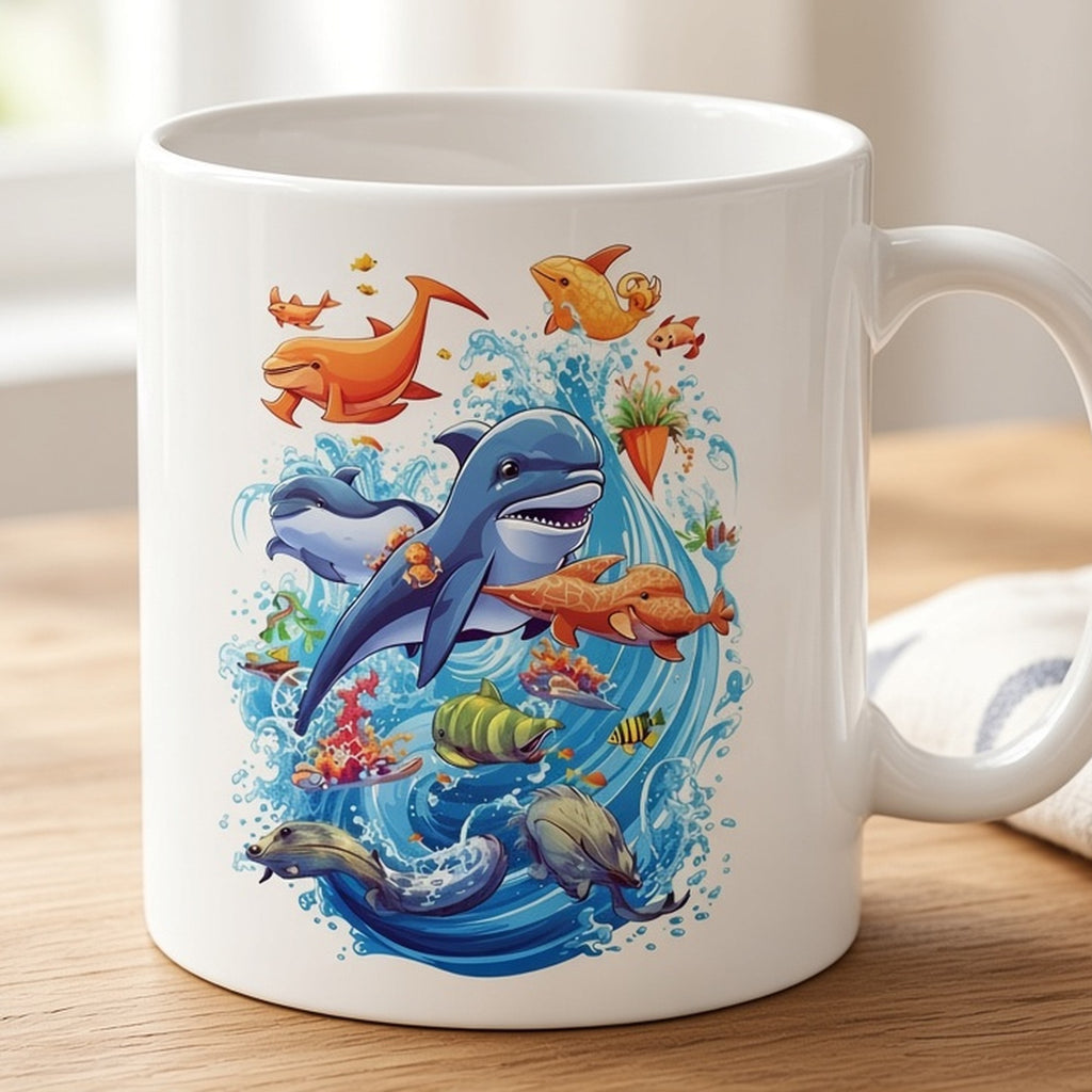 Cartoon dolphin and sea creatures from the bundle printed flat on a ceramic mug, image 0699
