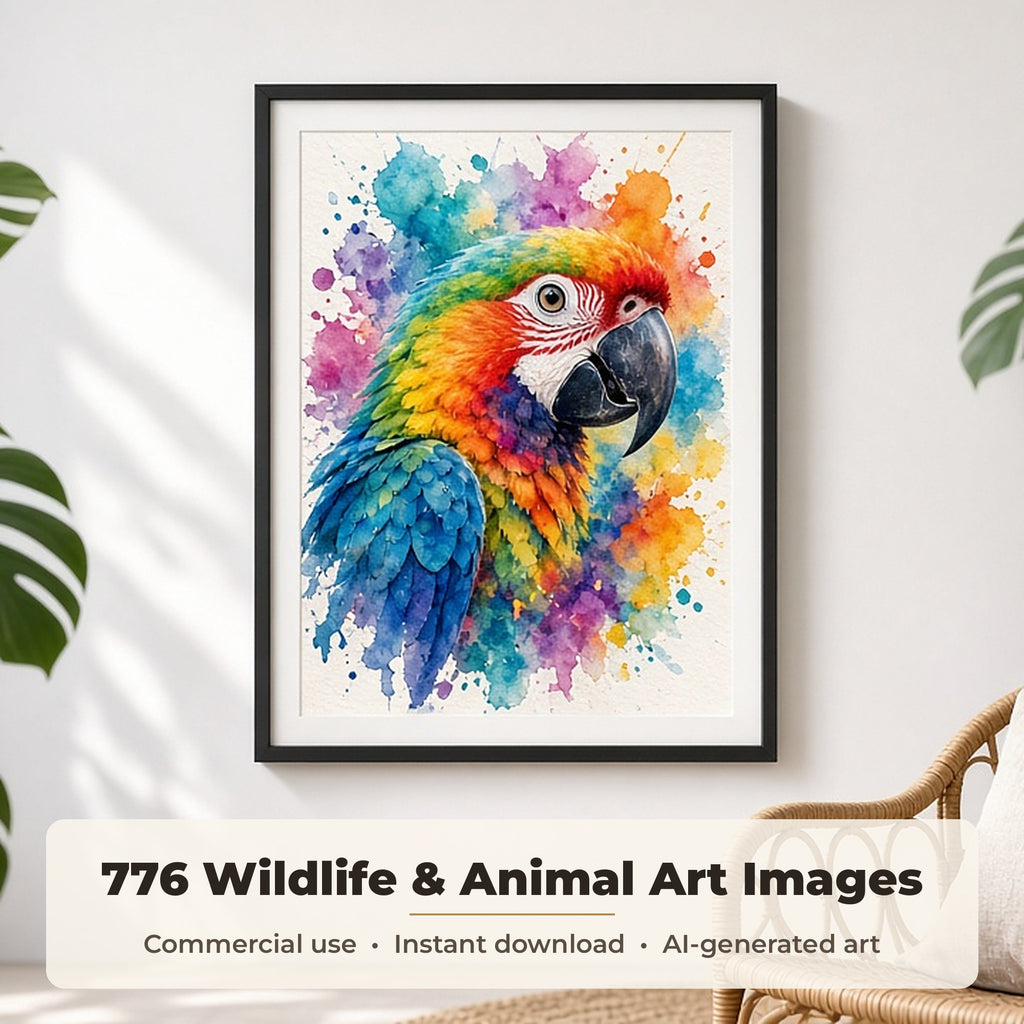 Wildlife & Animal Art Collection: Framed watercolour splash print of a colourful parrot in a bright room with monstera plants and a rattan chair, made with an image from this bundle