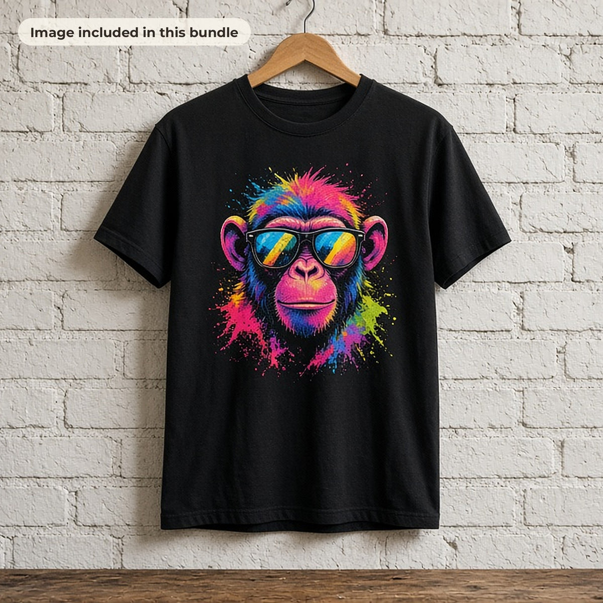 Wildlife & Animal Art Collection: Black t-shirt printed with a neon pop-art monkey in sunglasses hanging on a white brick wall (image from this bundle)