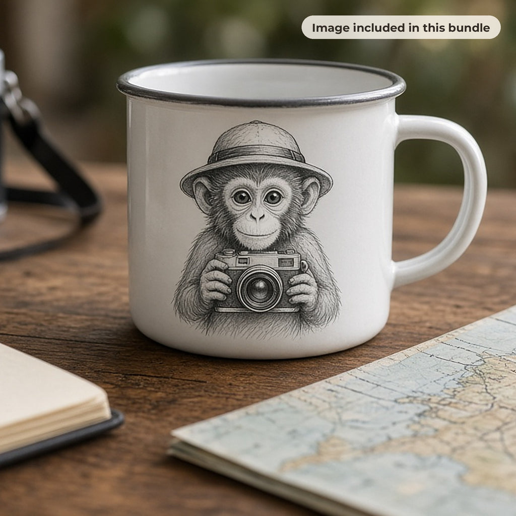 Wildlife & Animal Art Collection: White enamel mug printed with a pencil sketch of a monkey holding a camera, beside a vintage camera and a map (image from this bundle)