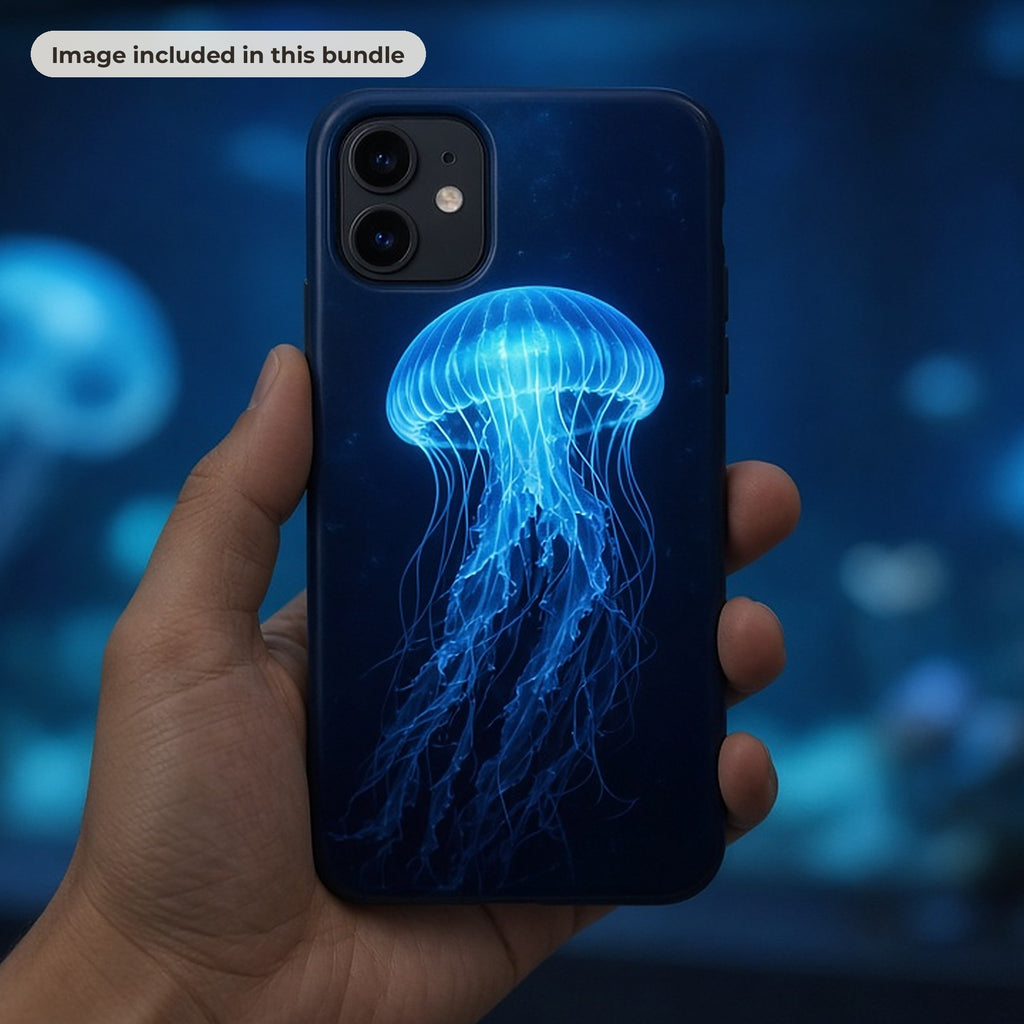 Wildlife & Animal Art Collection: Hand holding a phone case printed with a glowing blue jellyfish in front of an aquarium (image from this bundle)