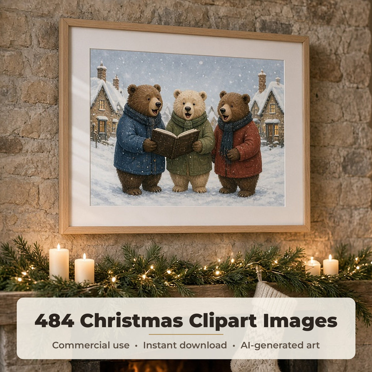 Christmas Art & Clipart Collection: Framed print of three carol-singing bears in a snowy village hanging above a garland-decked fireplace beside a lit Christmas tree, made with an image from this bundle