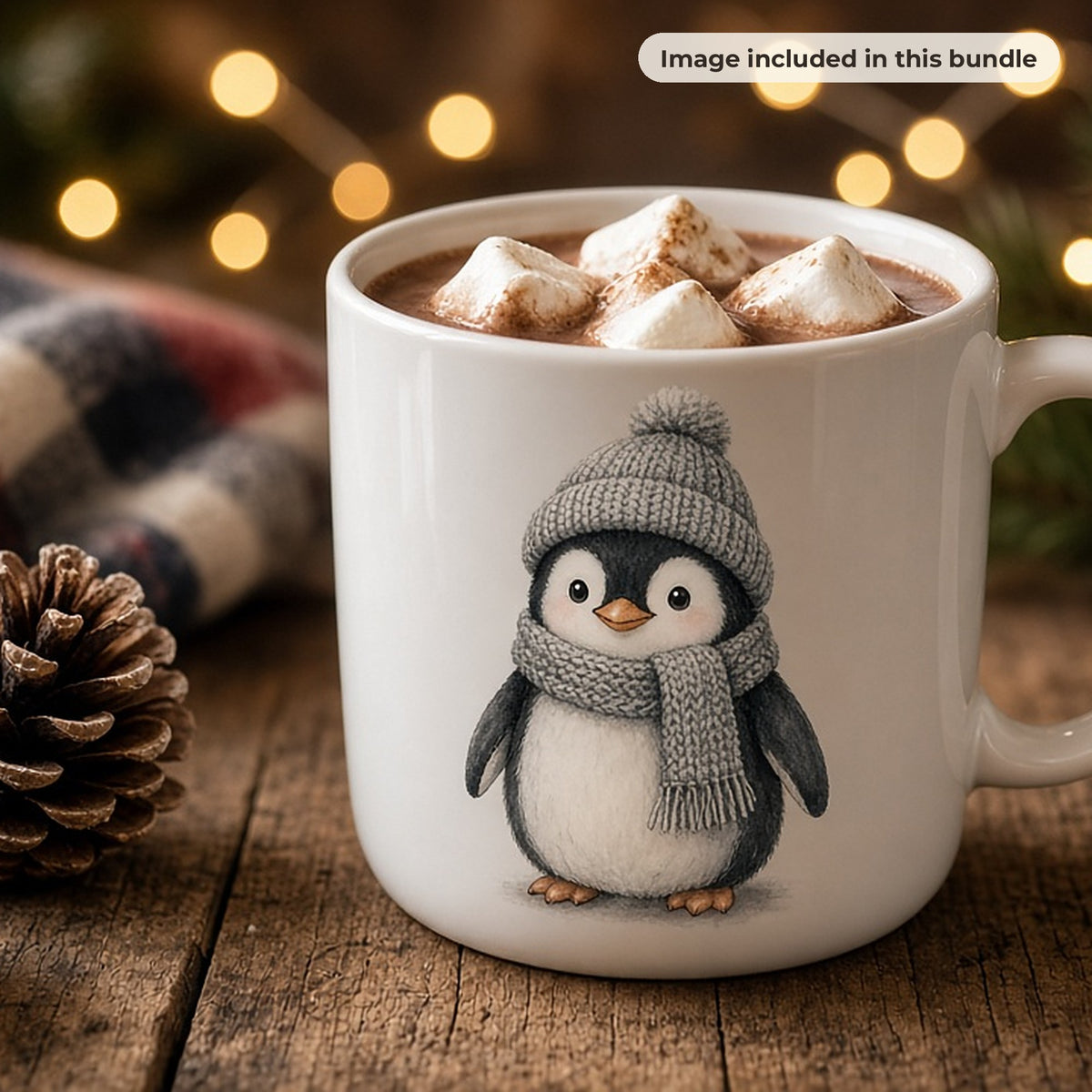 Christmas Art & Clipart Collection: White mug of hot chocolate printed with a cute penguin in a knitted hat and scarf, with pine cones and fairy lights (image from this bundle)