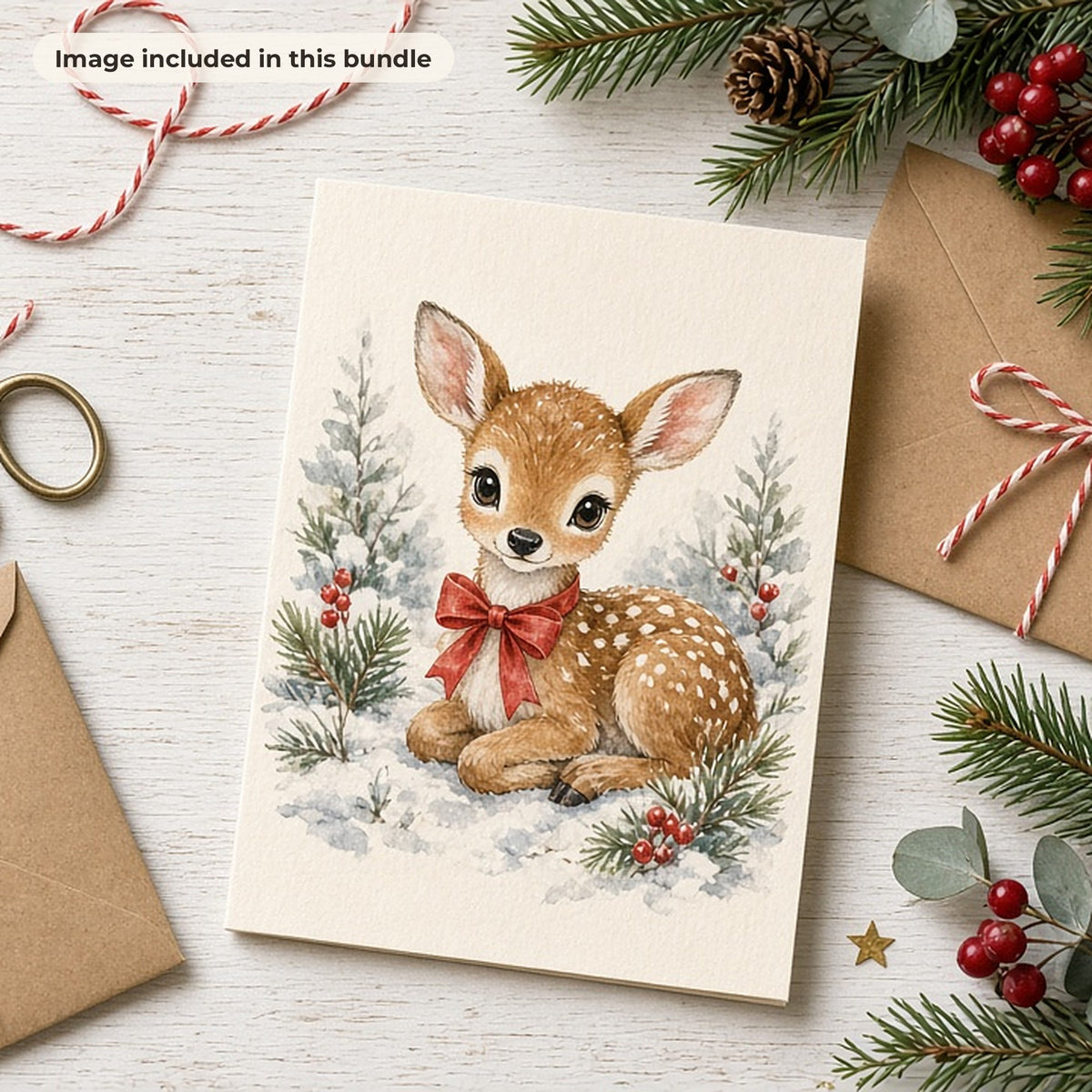 Christmas Art & Clipart Collection: Handmade Christmas card printed with a watercolour baby deer and red bow, with kraft envelopes, twine and pine sprigs (image from this bundle)