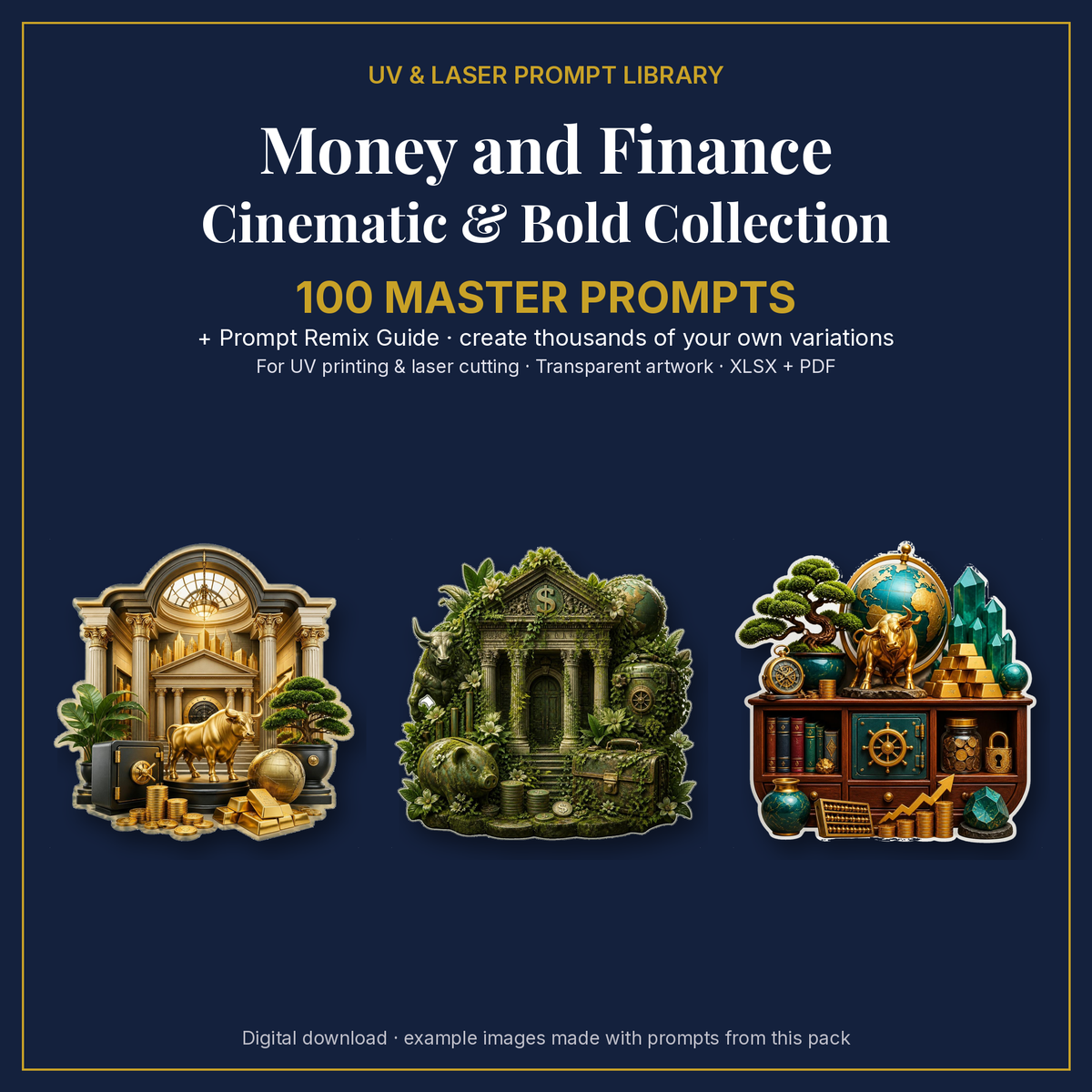 Cover: Money and Finance Cinematic & Bold Collection, 100 master prompts + Prompt Remix Guide