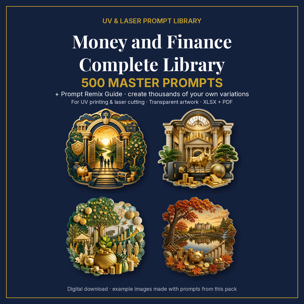 Cover: Money and Finance Complete Library, 500 master prompts + Prompt Remix Guide