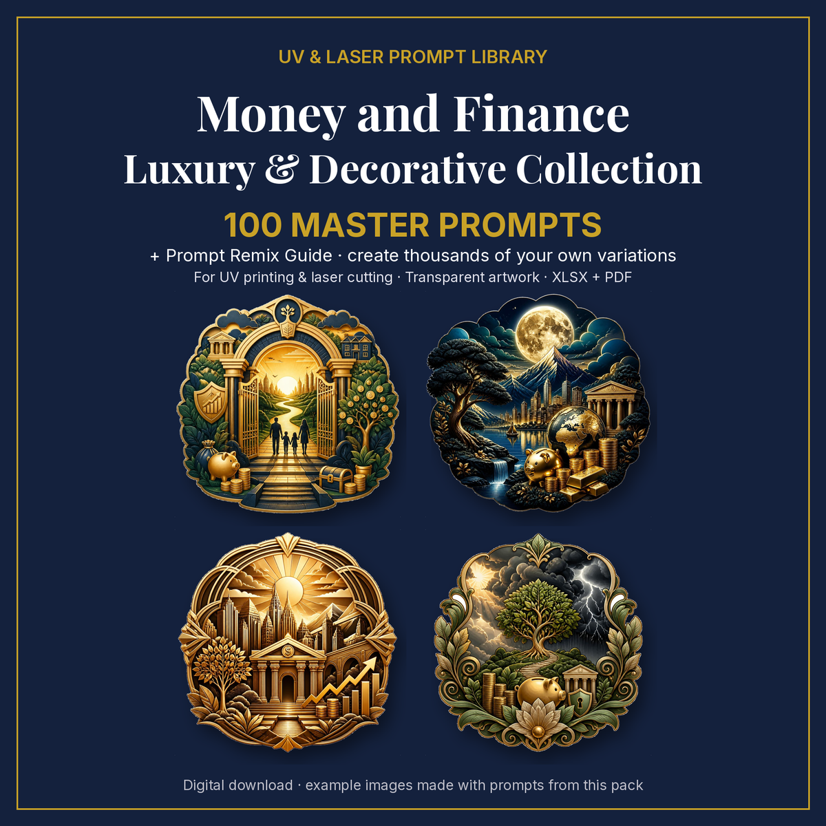 Cover: Money and Finance Luxury & Decorative Collection, 100 master prompts + Prompt Remix Guide