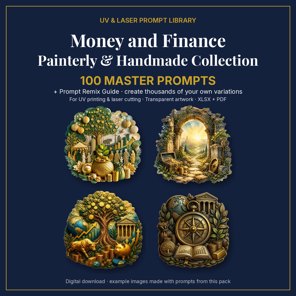 Cover: Money and Finance Painterly & Handmade Collection, 100 master prompts + Prompt Remix Guide