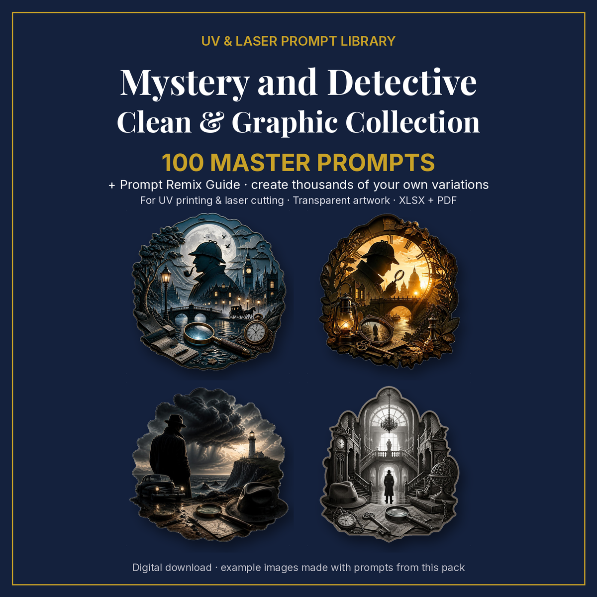 Cover: Mystery and Detective Clean & Graphic Collection, 100 master prompts + Prompt Remix Guide