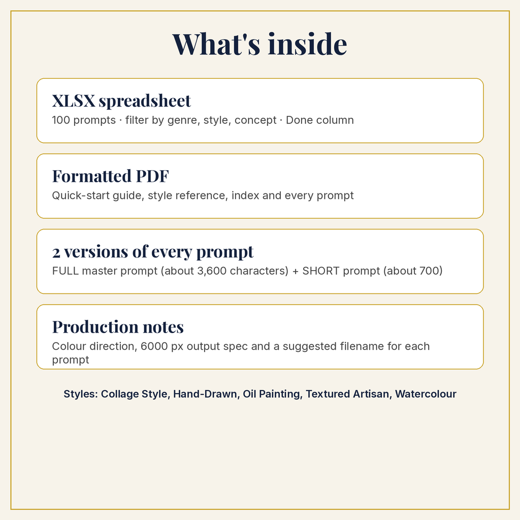 What is inside the download: XLSX, PDF, full and short prompts