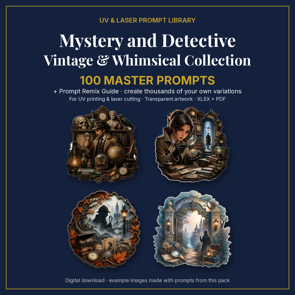 Cover: Mystery and Detective Vintage & Whimsical Collection, 100 master prompts + Prompt Remix Guide
