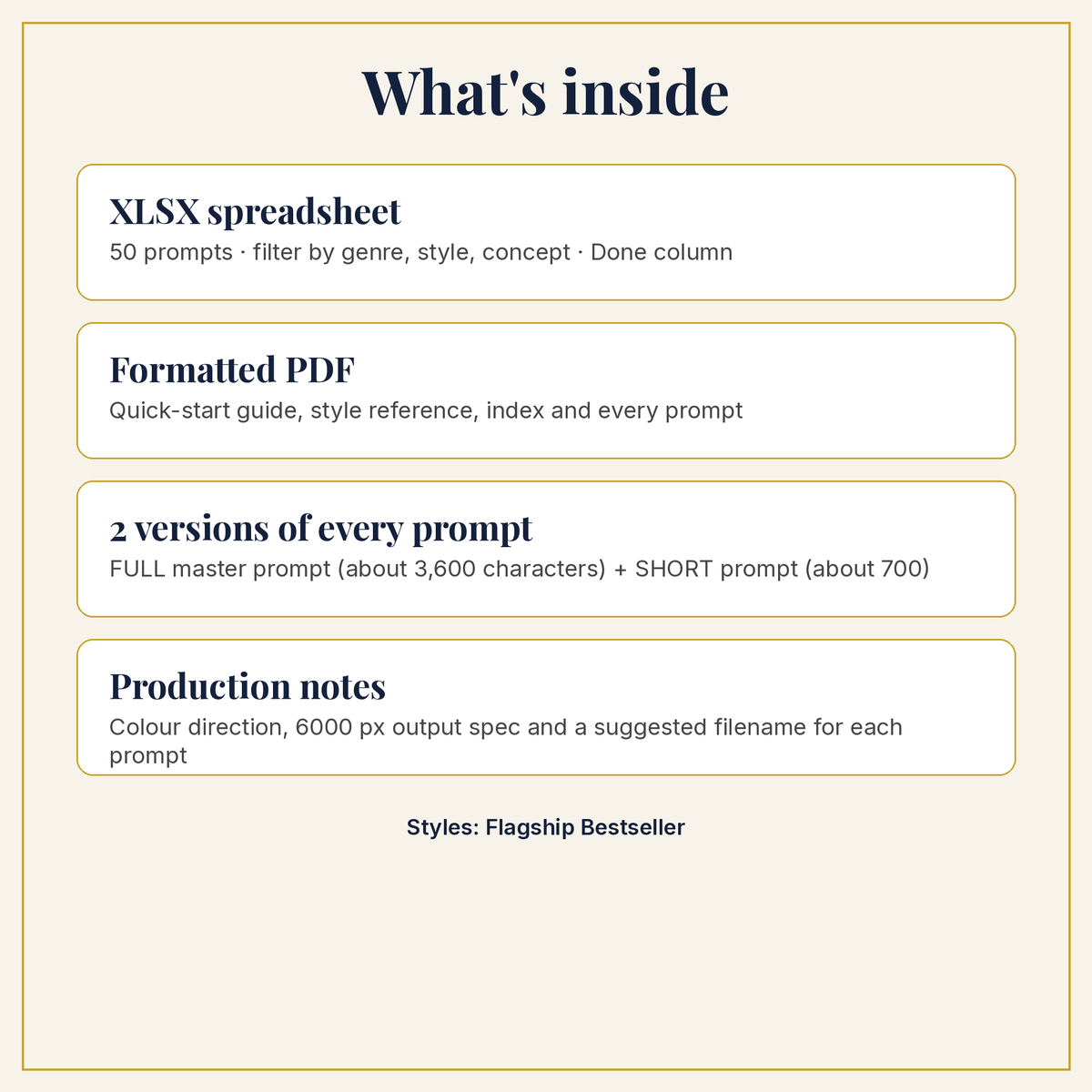 What is inside the download: XLSX, PDF, full and short prompts