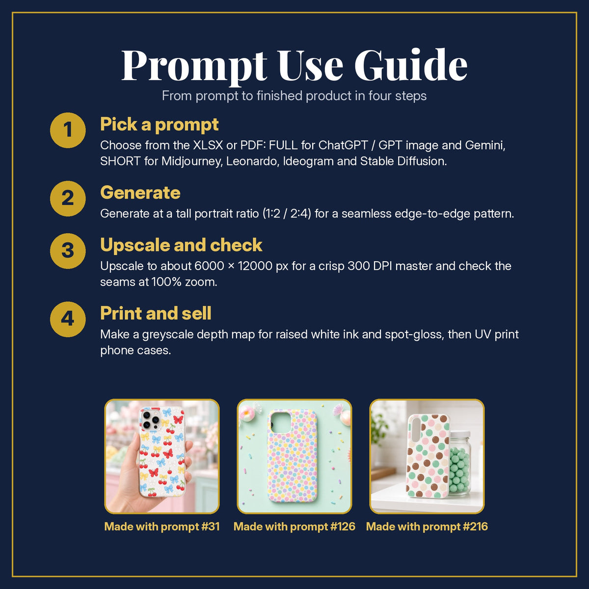 Prompt Use Guide for the Candy Pop & Kawaii Colour Phone Case Collection: pick a prompt, generate, upscale and check, print and sell, with sample products made with the pack's prompts