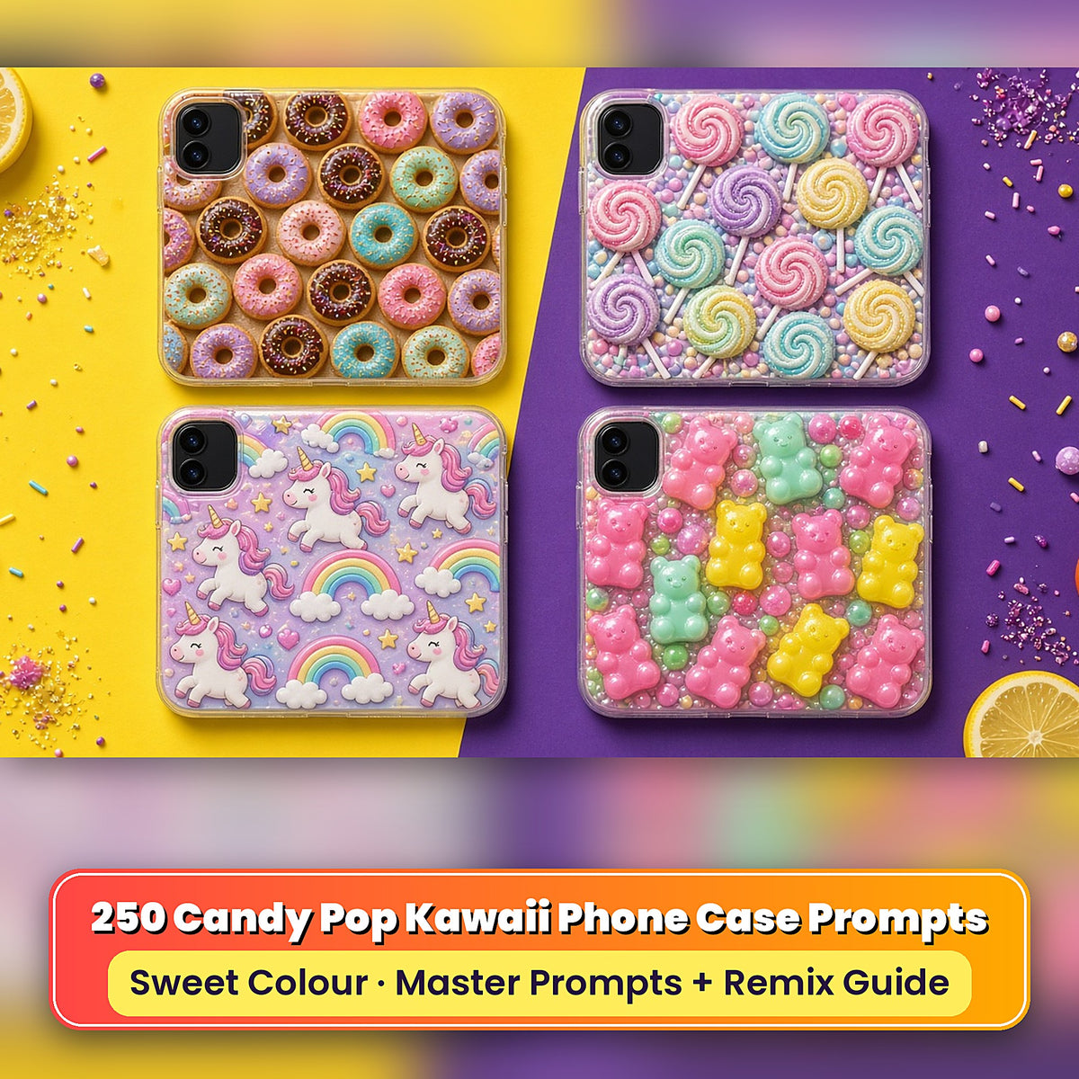 Example phone cases made with the prompts: Sprinkle-Covered Doughnuts – Fruit Salad; Swirl Lollipops – Pastel Rainbow; Kawaii Unicorns and Rainbows – Pastel Rainbow; Gummy Bears – Bubblegum