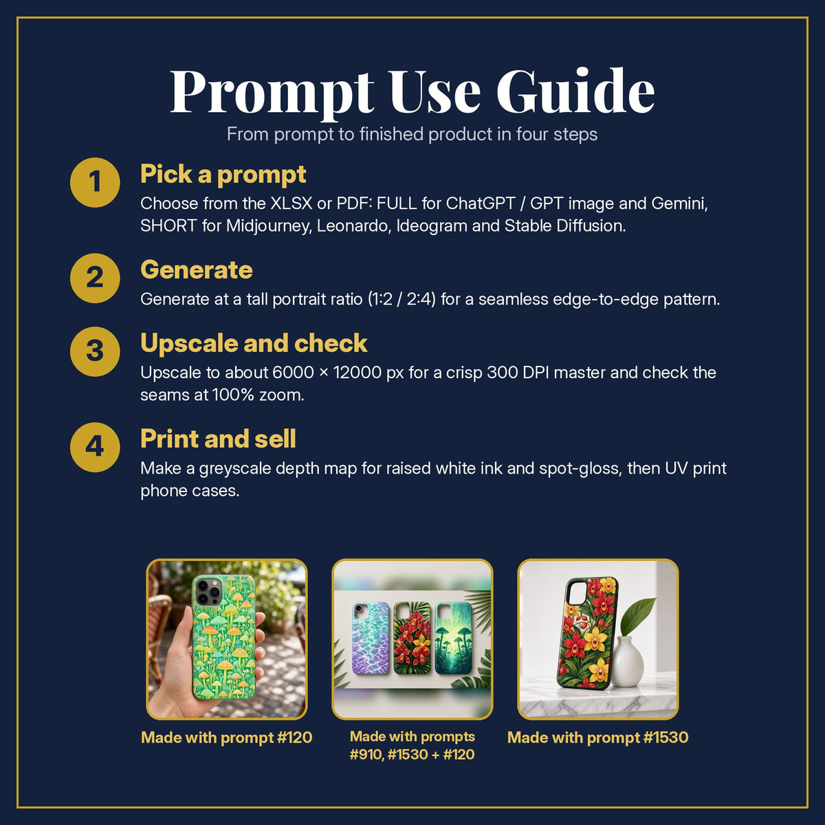 Prompt Use Guide for the Colour Phone Case Mega Bundle: pick a prompt, generate, upscale and check, print and sell, with sample products made with the pack's prompts