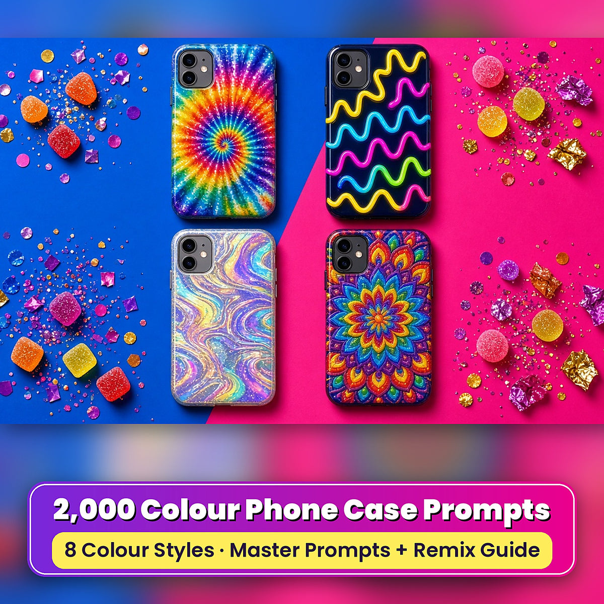 Example phone cases made with the prompts: Tie-Dye Spiral Burst – Full Spectrum; Neon Tube Squiggles – Arcade; Holographic Foil Shimmer Waves – Classic Holo; Rangoli Floral Rings – Chakra