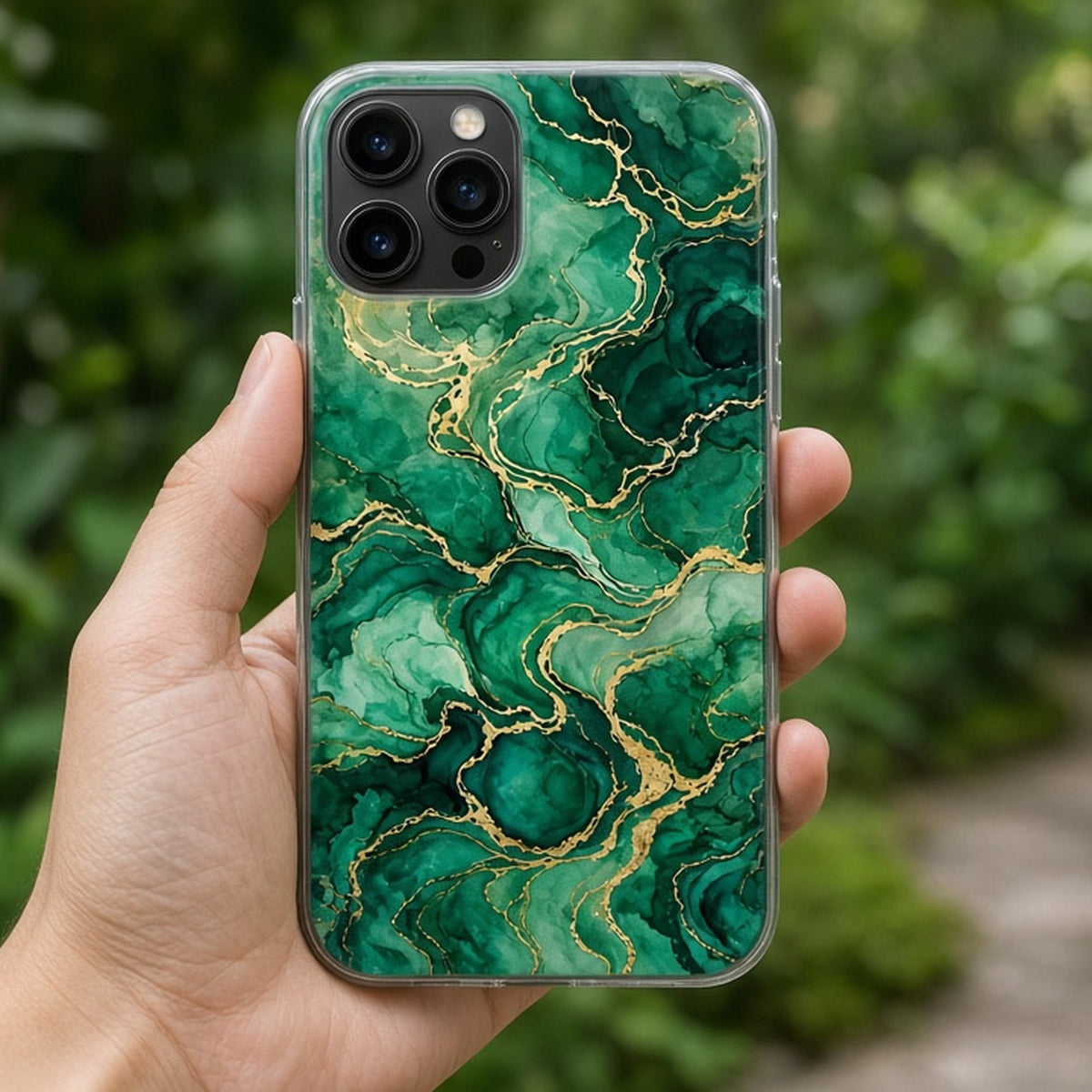 Emerald and gold tide-pool pour painting printed flat on a phone case held in a botanical garden, made with prompt #31