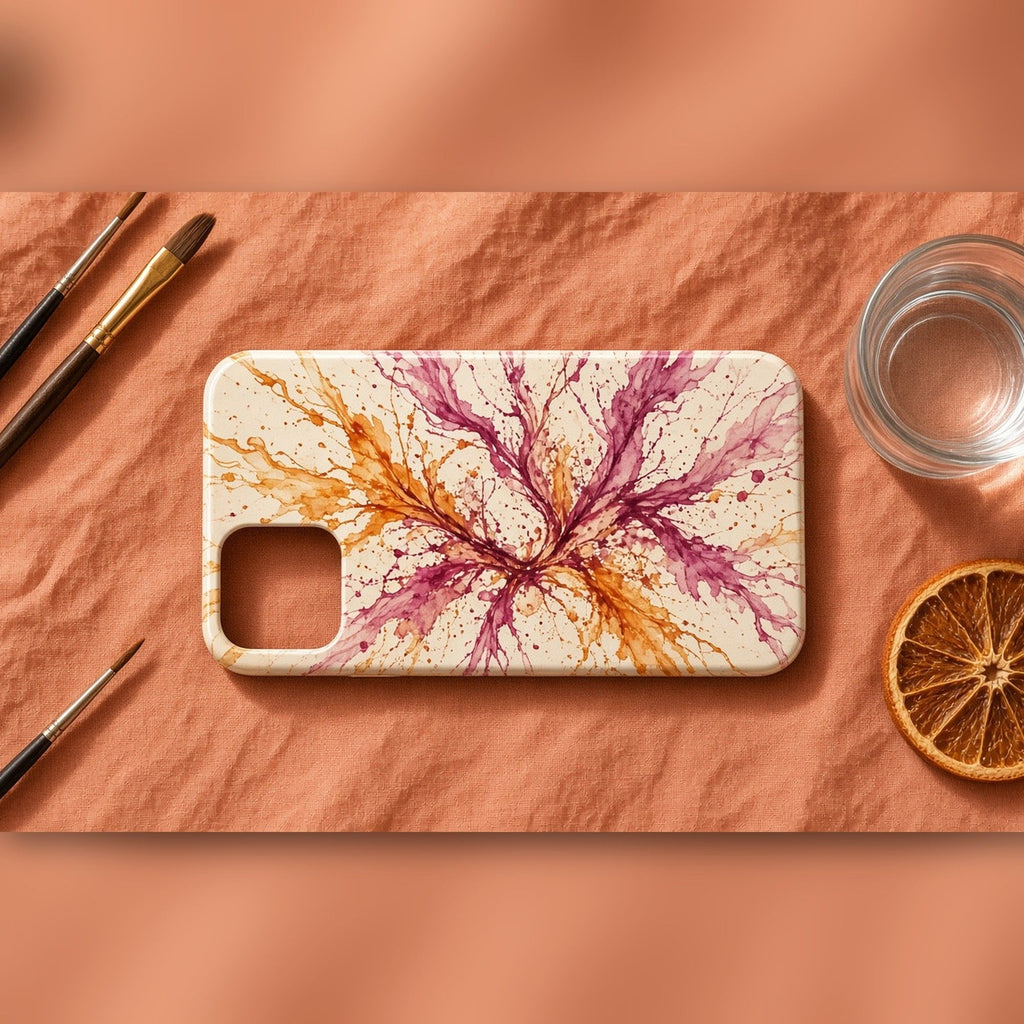 Sunset straw-blown ink branch artwork printed flat on a phone case on terracotta linen, made with prompt #126