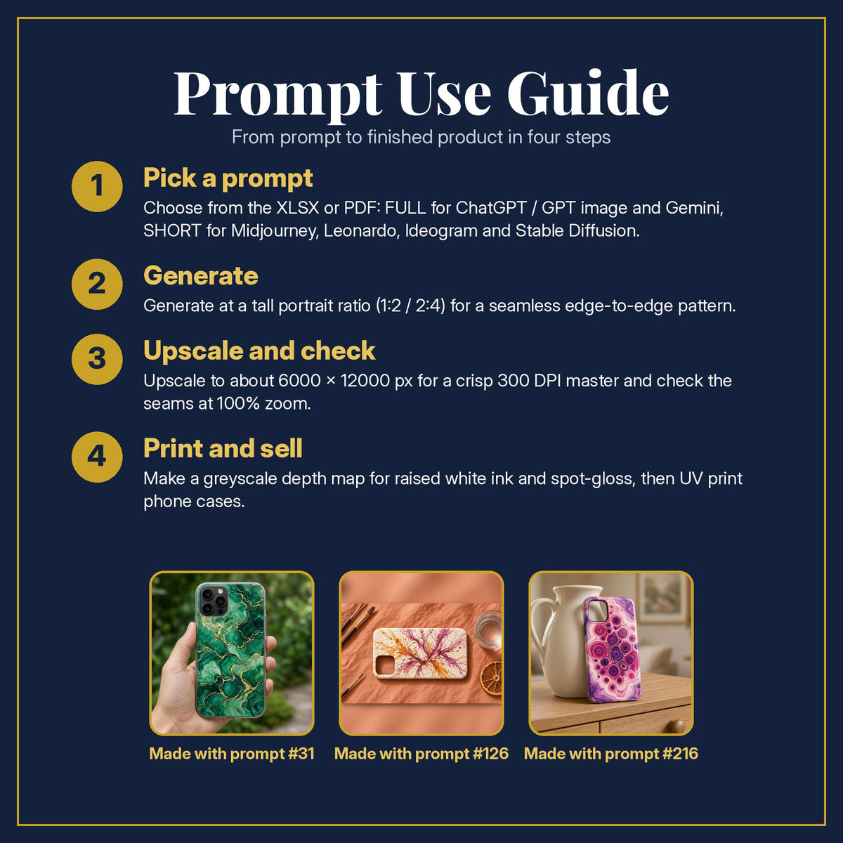 Prompt Use Guide for the Fluid Art & Marbled Colour Phone Case Collection: pick a prompt, generate, upscale and check, print and sell, with sample products made with the pack's prompts