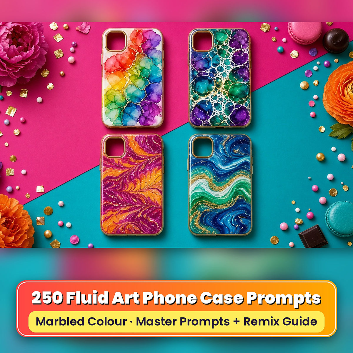 Example phone cases made with the prompts: Alcohol-Ink Blooms with Gold Edges – Rainbow Cells; Acrylic Pour Cells with White Lacing – Peacock Pour; Turkish Ebru Combed Marbling – Sunset Pour; Resin-Art Ocean Wave Pour – Peacock Pour