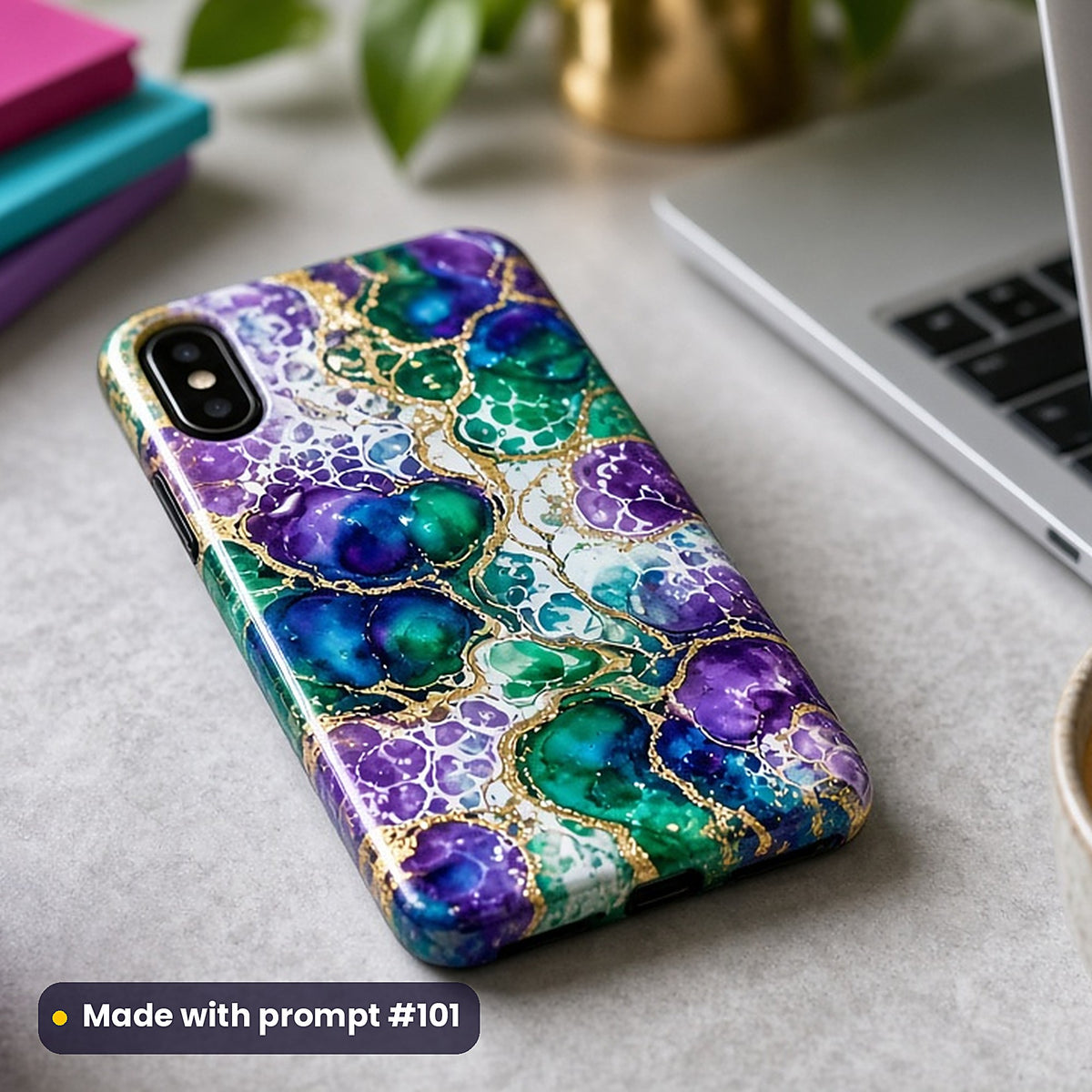 Acrylic Pour Cells with White Lacing – Peacock Pour phone case made with prompt #101