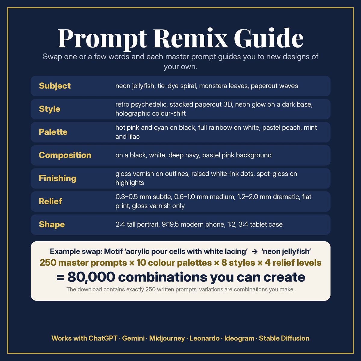 Prompt Remix Guide for the Fluid Art & Marbled Colour Phone Case Collection: 250 master prompts × 10 colour palettes × 8 styles × 4 relief levels = 80,000 combinations, and what to change