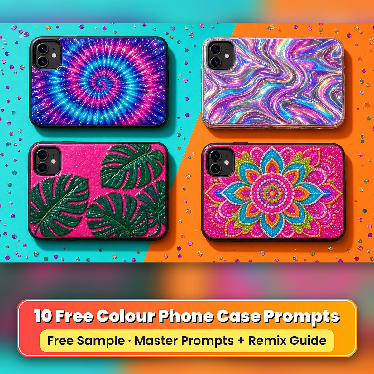 Example phone cases made with the prompts: Tie-Dye Spiral Burst – Ultraviolet Trip; Holographic Foil Shimmer Waves – Classic Holo; Monstera Leaves on Hot Pink – Jungle Pink; Rangoli Floral Rings – Fiesta