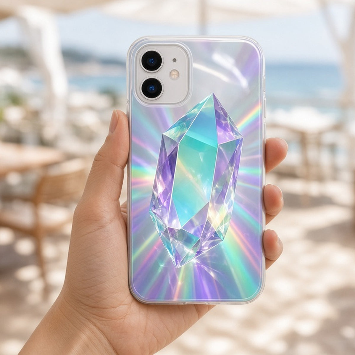 Prism rainbow crystal beams artwork printed flat on a phone case held at a beach café, made with prompt #31