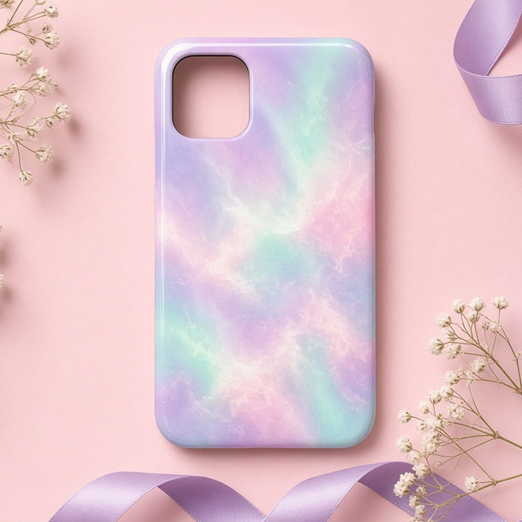 Pastel aurora opal haze artwork printed flat on a phone case on pink paper, made with prompt #118