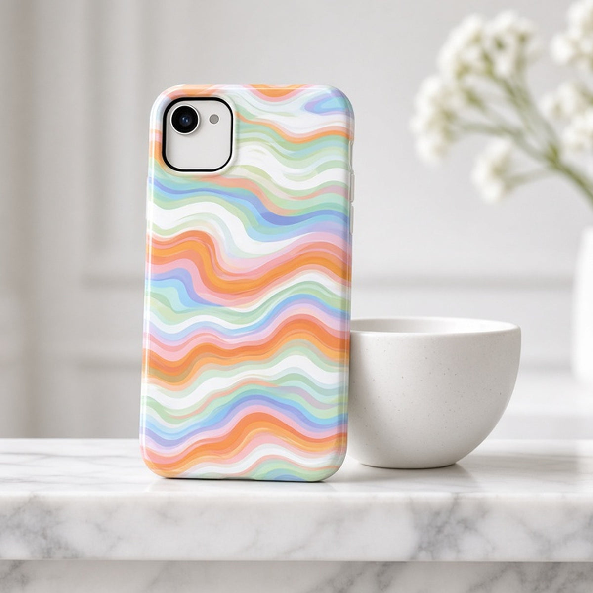 Opal ripple stripe pattern printed flat on a phone case on a marble shelf, made with prompt #216