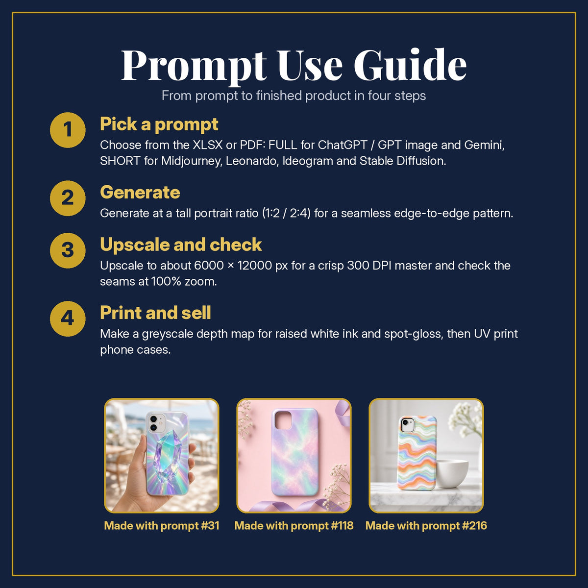 Prompt Use Guide for the Holographic & Iridescent Phone Case Collection: pick a prompt, generate, upscale and check, print and sell, with sample products made with the pack's prompts