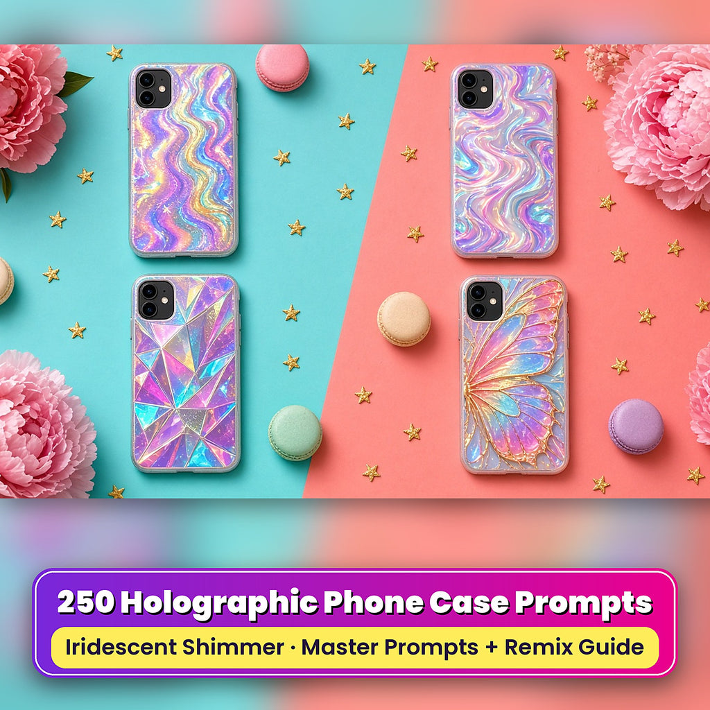 Example phone cases made with the prompts: Holographic Foil Shimmer Waves – Classic Holo; Iridescent Oil-Slick Swirls – Unicorn; Holographic Prism Shards – Classic Holo; Iridescent Morpho Butterfly Wing Scales – Sunrise Prism