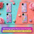 Example phone cases made with the prompts: Holographic Foil Shimmer Waves – Classic Holo; Iridescent Oil-Slick Swirls – Unicorn; Holographic Prism Shards – Classic Holo; Iridescent Morpho Butterfly Wing Scales – Sunrise Prism