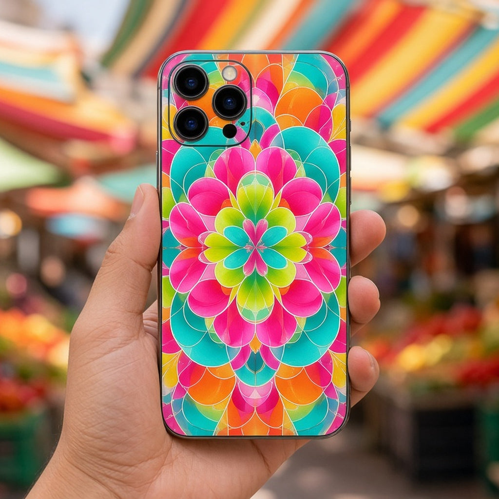 Fiesta kaleidoscope rose mirror pattern printed flat on a phone case held at a street market, made with prompt #32